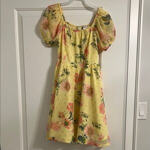 Nordstrom Girls Yellow Floral Puff-Sleeve Dress with Pink & Green Blooms